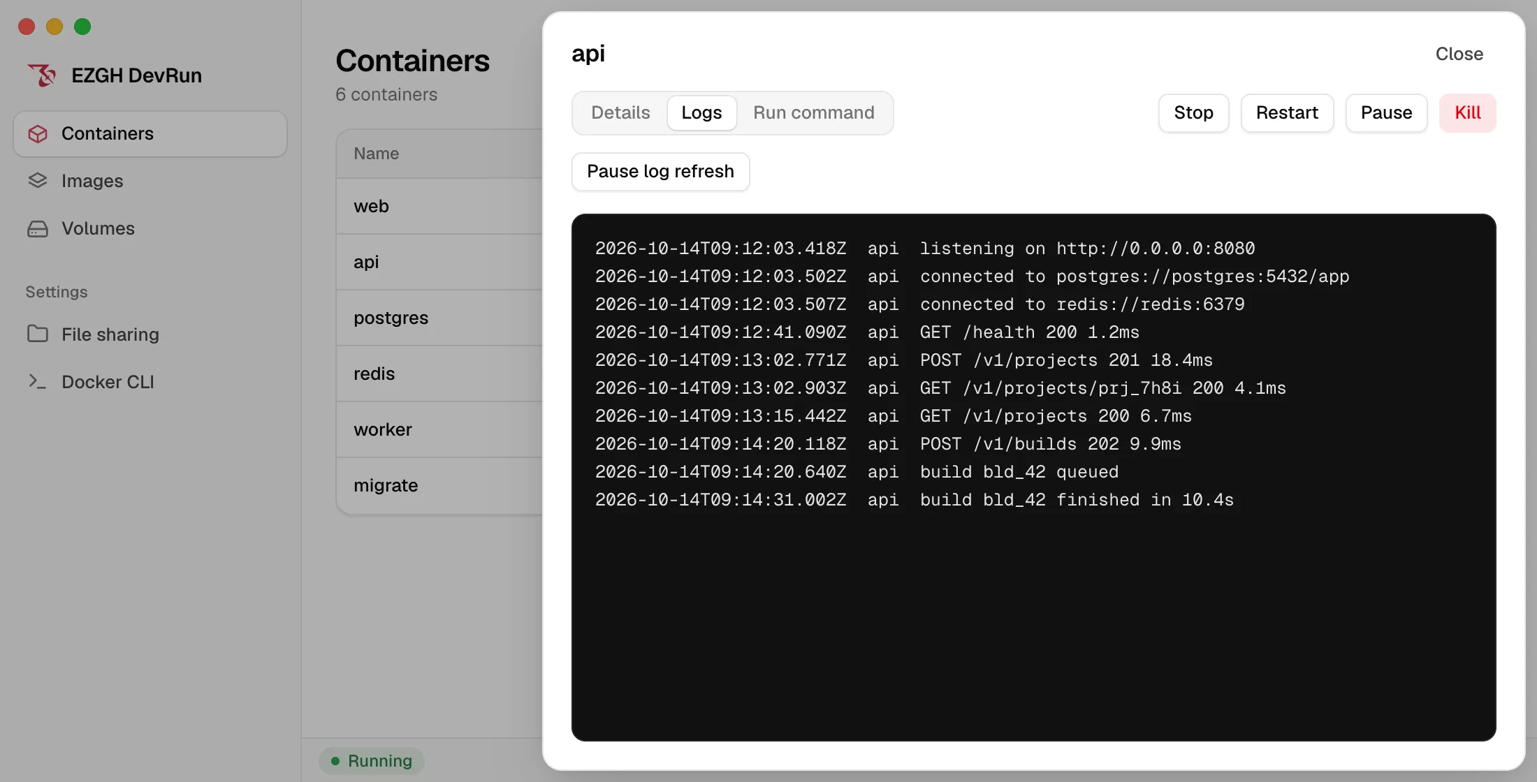 A container's logs open in DevRun's details panel, with Stop, Restart, Pause and Kill actions